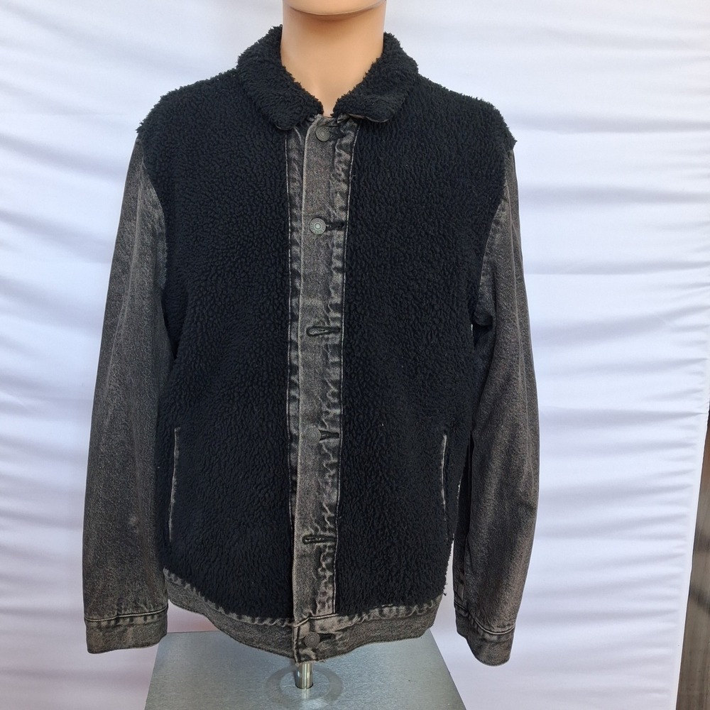 Levis Premium Mens Sherpa Fleece Denim Hybrid Trucker Jacket Black Large L